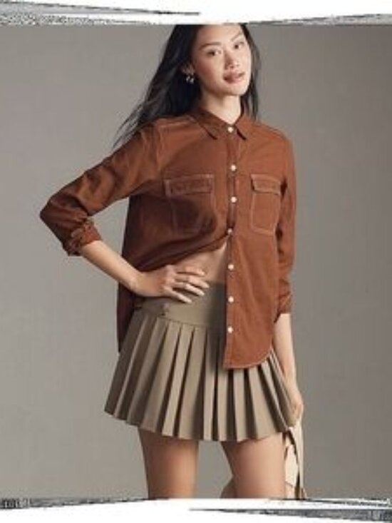 Flat White for Anthropologie Dresses & Skirts - ANTHROPOLOGIE FLAT WHITE Tan Pleated Mini Skort with Belt Loops Women's Size M